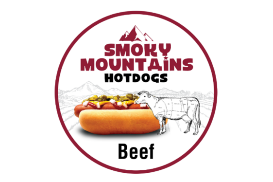 Afbeelding beef hotdogs van smoky mountains met illustratie van een koe